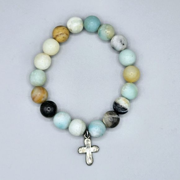 Amazonite Cross Bracelet Natural Stone Silver Tone Religious Spiritual Jewelry - Picture 4 of 6